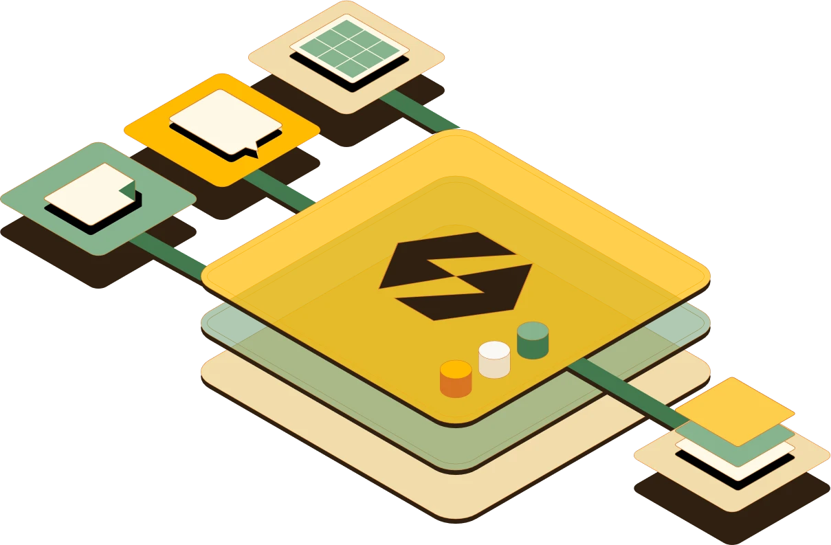 A skill file, a terminal and team sessions feeding into a stacked Powerplant platform with the bolt on top, which sends a stack of shared fixes out to the team